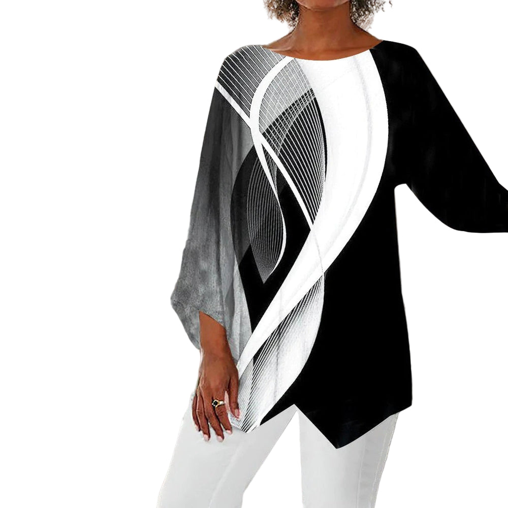 Elegant svart-hvit dametopp med lange ermer og moderne geometrisk mønster, perfekt for hverdagsstil.