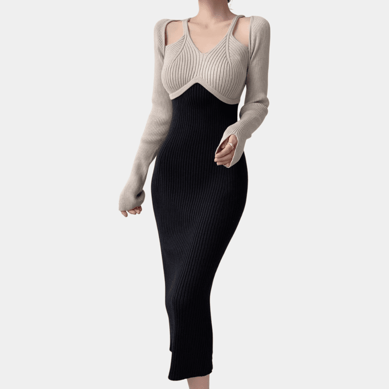 Raffinert lang kvinnekjole med lange ermer i svart polyester. Perfekt som hverdagskjole eller elegant festkjole.