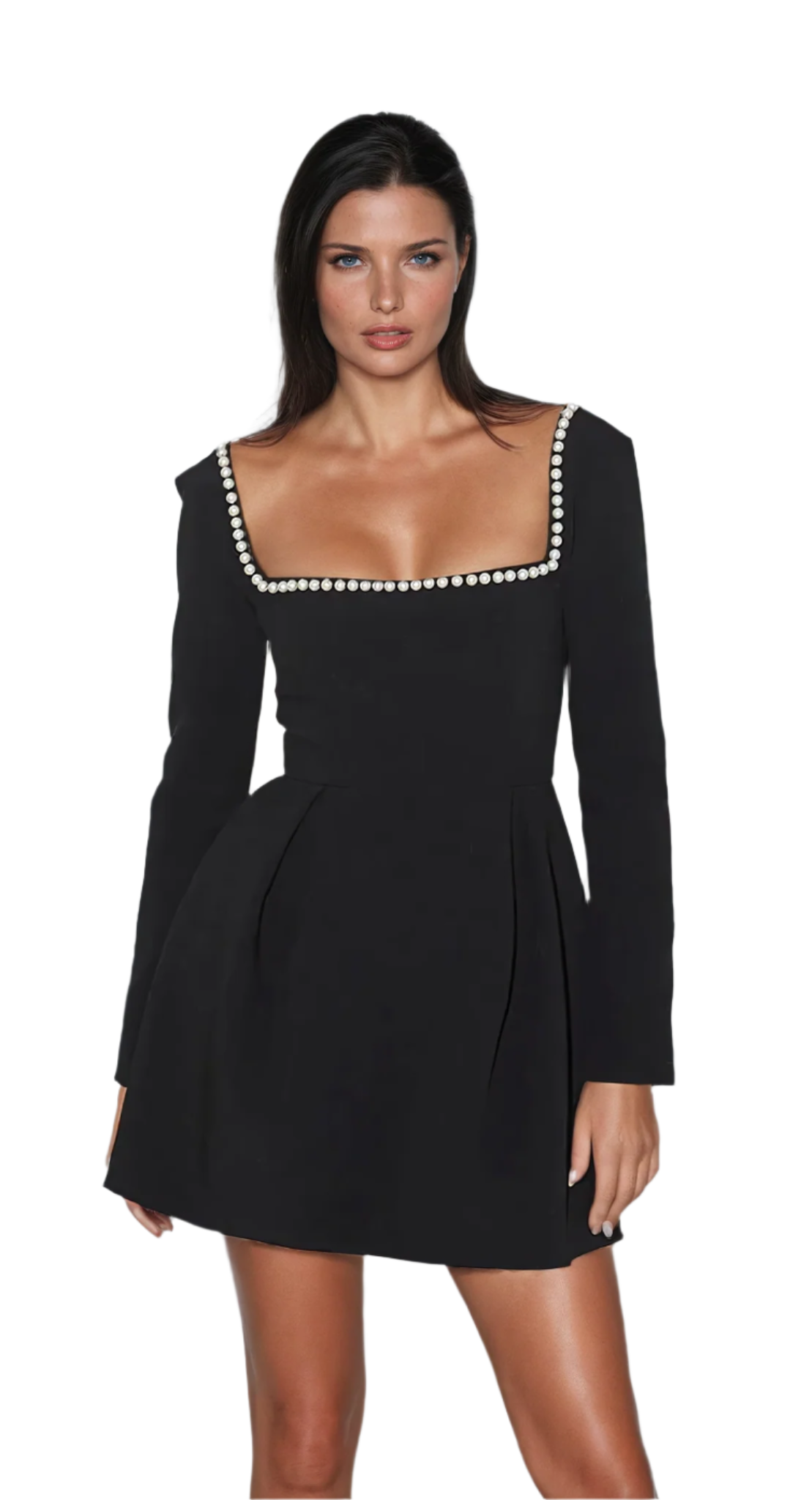 Elegant svart minikjole for kvinner med perledetaljer og lange ermer. Perfekt festkjole.