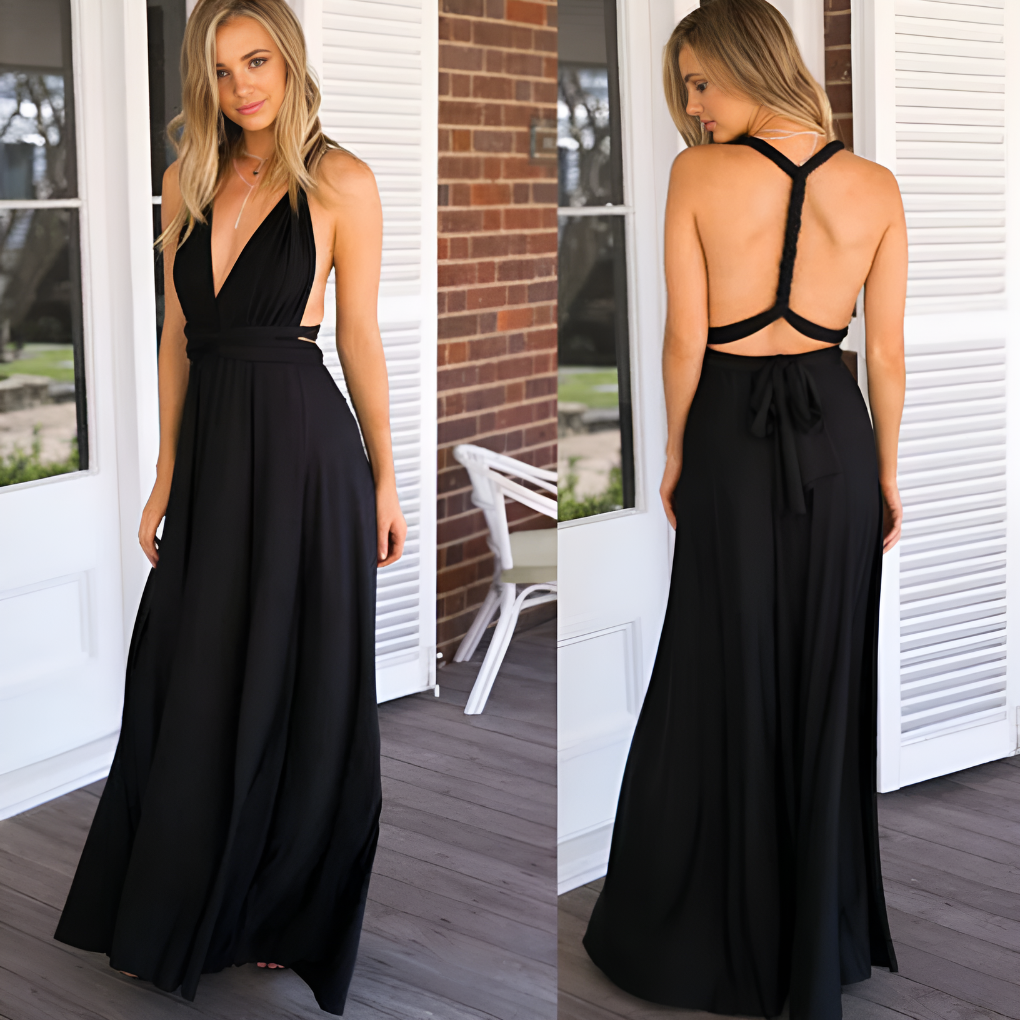 Elegant svart omslagskjole for dame i myk jersey. Flerfunksjonell festkjole, reisekjole, sommerkjole.