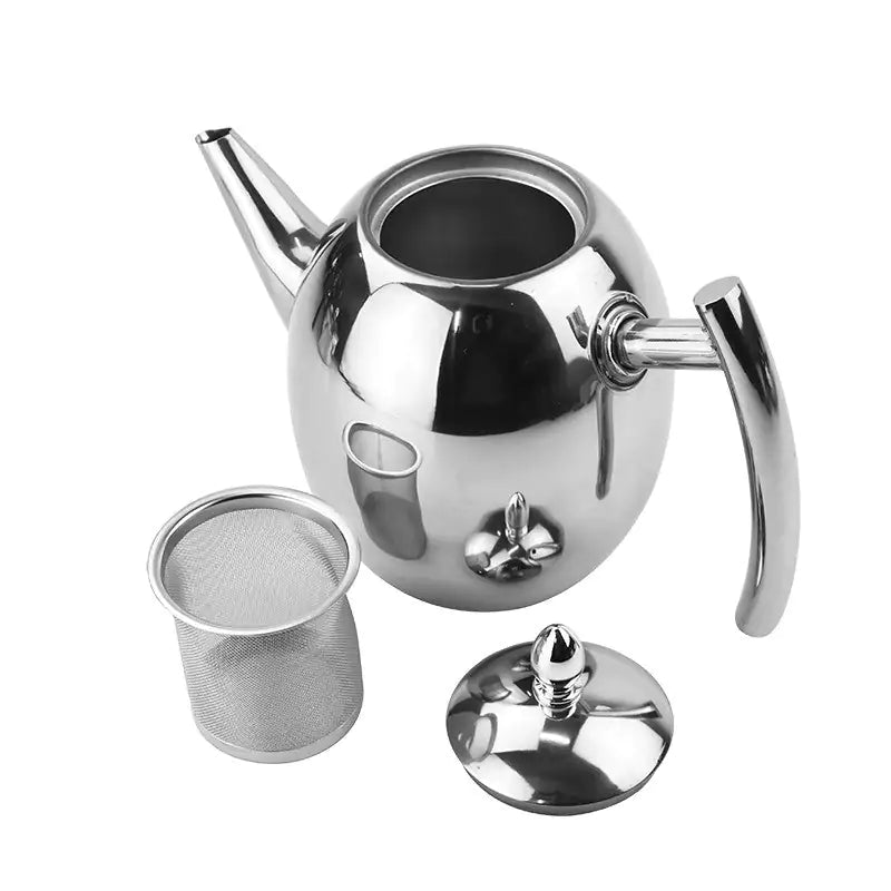 Elegant tekanne i rustfritt stål med integrert sil for løs te. Perfekt for moderne kjøkken og teentusiaster.