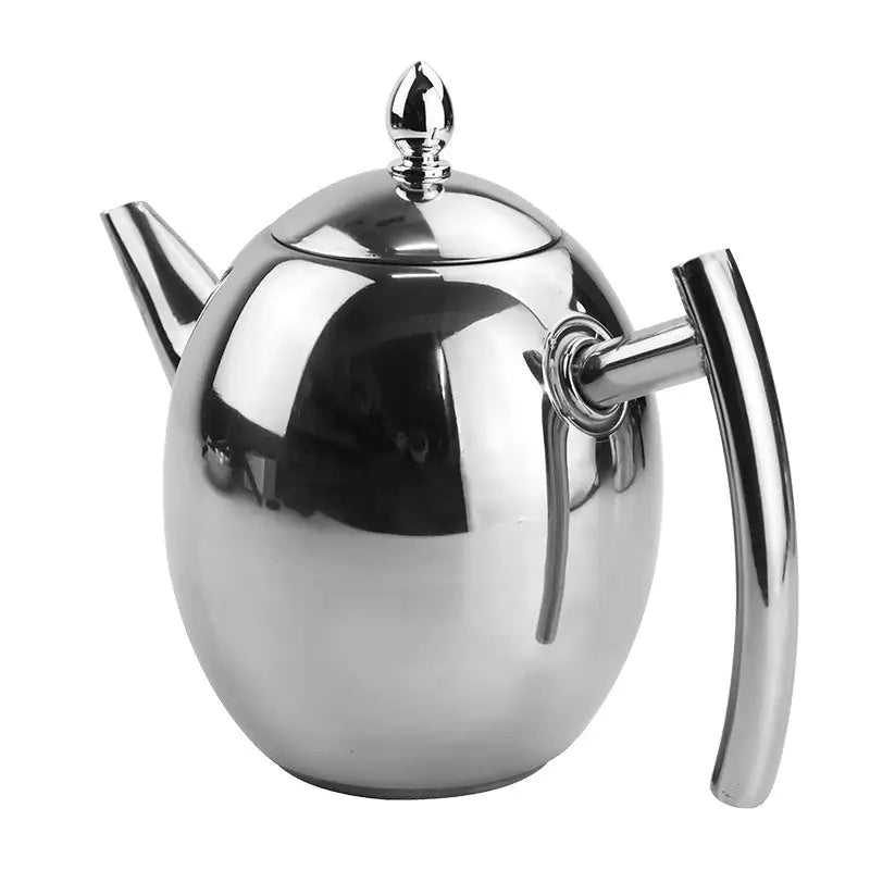 Vakker tekanne av rustfritt stål, elegant design med integrert sil. Flott kjøkkenutstyr og gave til tedrikkere.