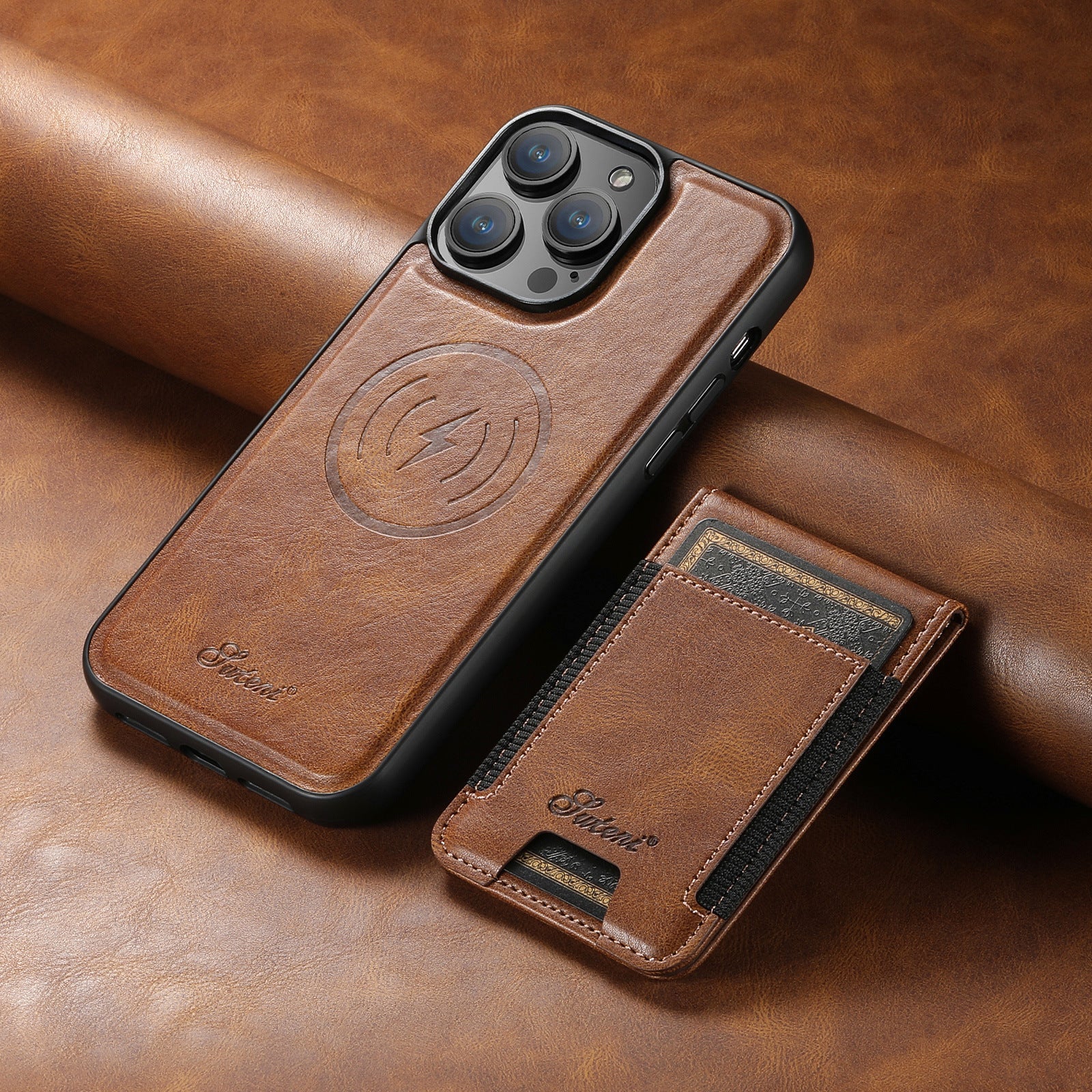 Funksjonell telefonveske med integrert kortholder, magnetisk støtte og robust beskyttelse.