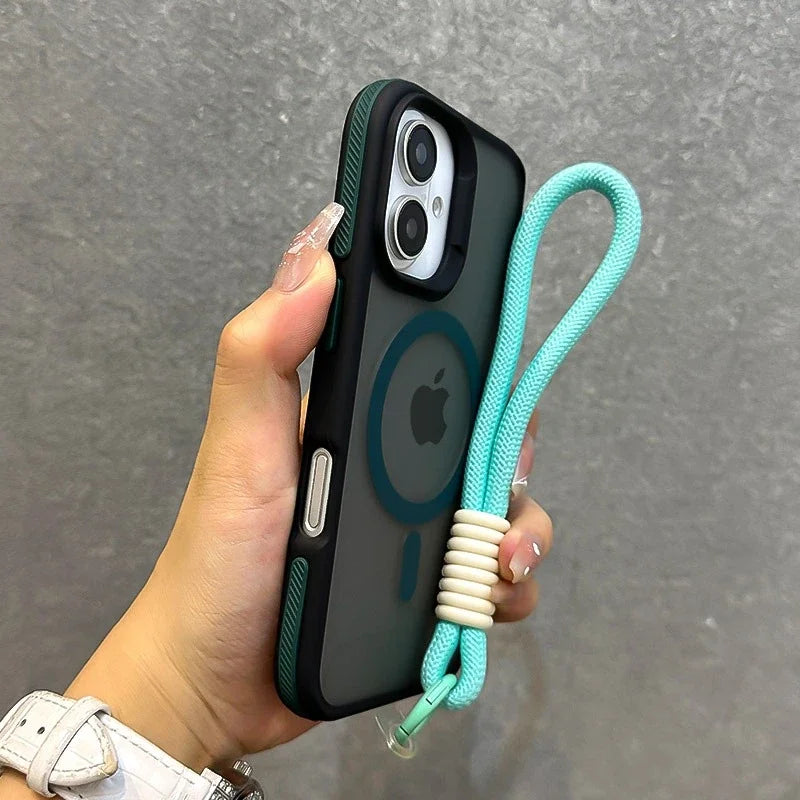 Sikker lanyard veske til iPhone, forhindrer fall og gir lett tilgang, med elegant matt finish.