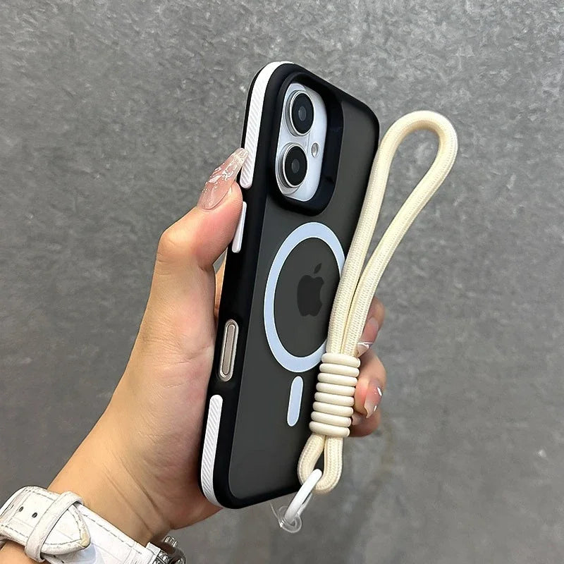 Fargerik iPhone veske med justerbar lanyard, elegant matt finish for sikker og stilig bæring.