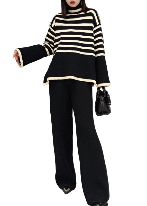 Elegant todelt dresssett for dame, stripet genser og bukse med skilpaddehals, perfekt for vår og sommer.