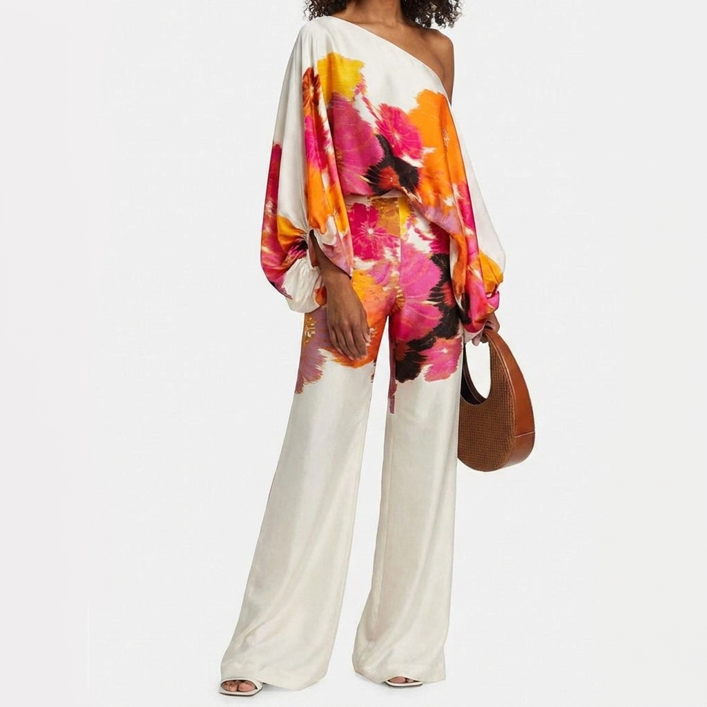 Offshoulder todelt satengsett for kvinner med elegant design, ideelt for fest, vår og sommer.