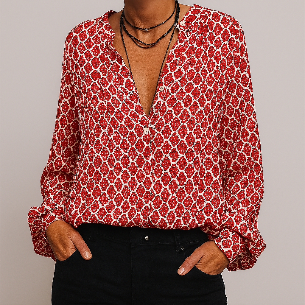 Elegant trykt V-hals bluse for kvinner, perfekt for vår og sommer. Løs passform for mote og komfort.