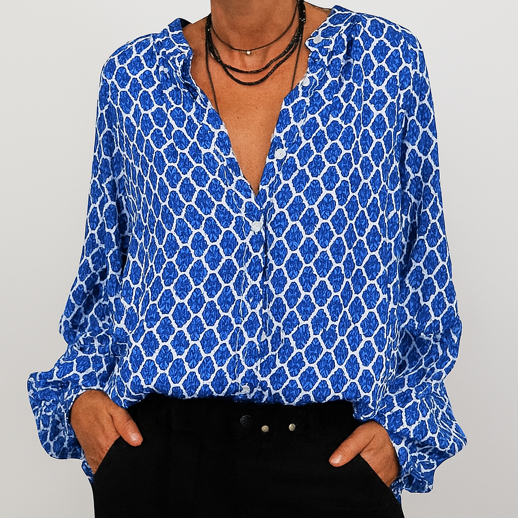 Kvinner elegant trykt V-hals bluse med løs passform. En trendy vår/sommer skjorte for stil og komfort.
