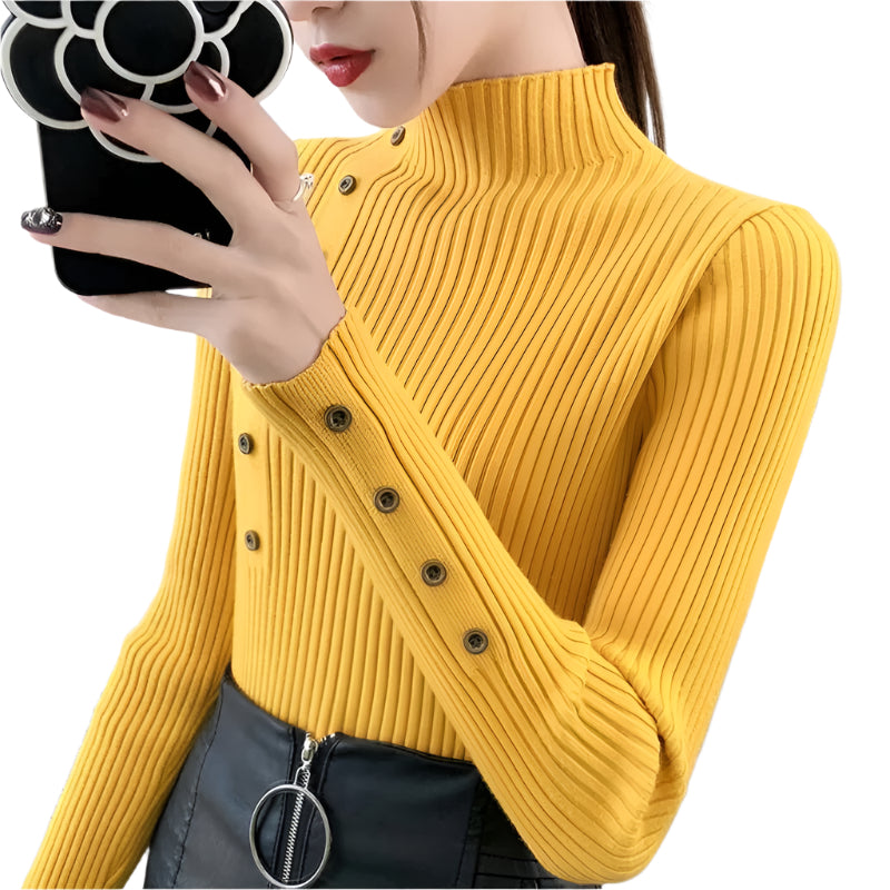 Kvinner's langermet genser i slimfit design, en klassisk turtleneck med fine knappedetaljer.