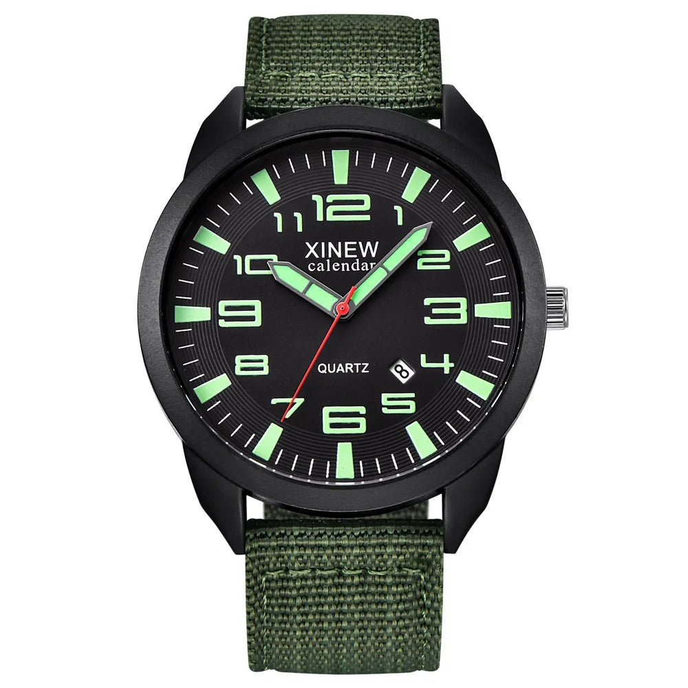Blått elegant unisex kvarts armbåndsur med lysende urskive, kalenderfunksjon og slitesterkt design.
