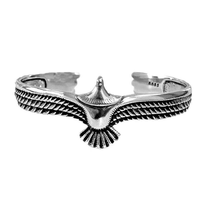 Elegant unisex ørn mansjettarmbånd i skinnende sølv. Justerbart tilbehør av høy kvalitet for menn og kvinner.