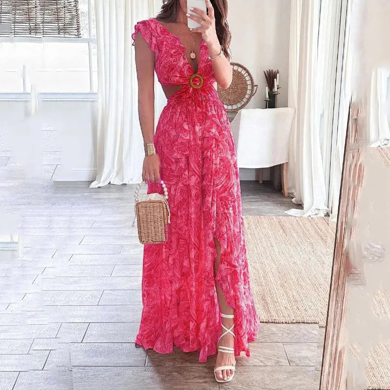Vakker V-hals blomsterkjole, lett og elegant sommerkjole/vårkjole for kvinner. Perfekt som komfortabel festkjole.