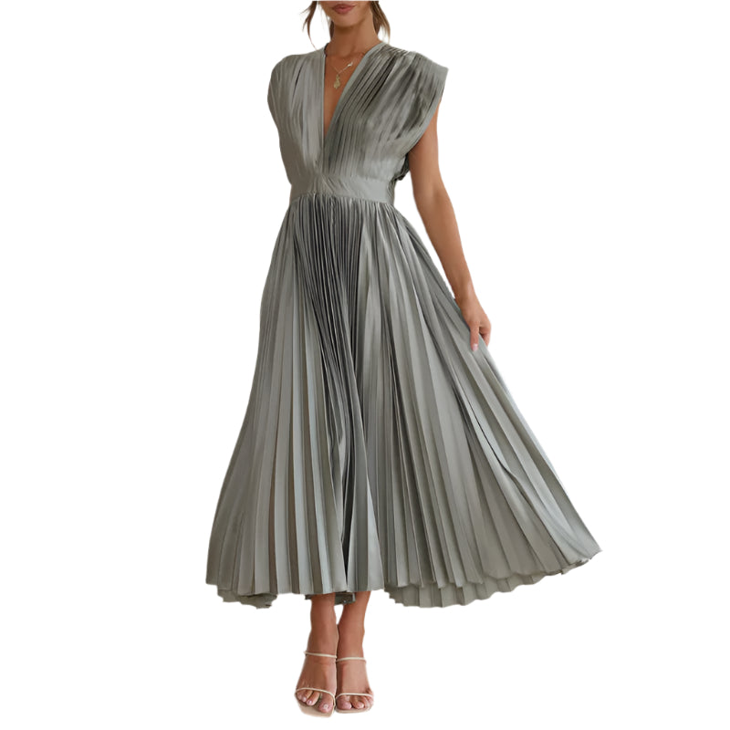 Elegant V-hals damekjole, ermeløs design. Perfekt sommerkjole for fest og hverdag.