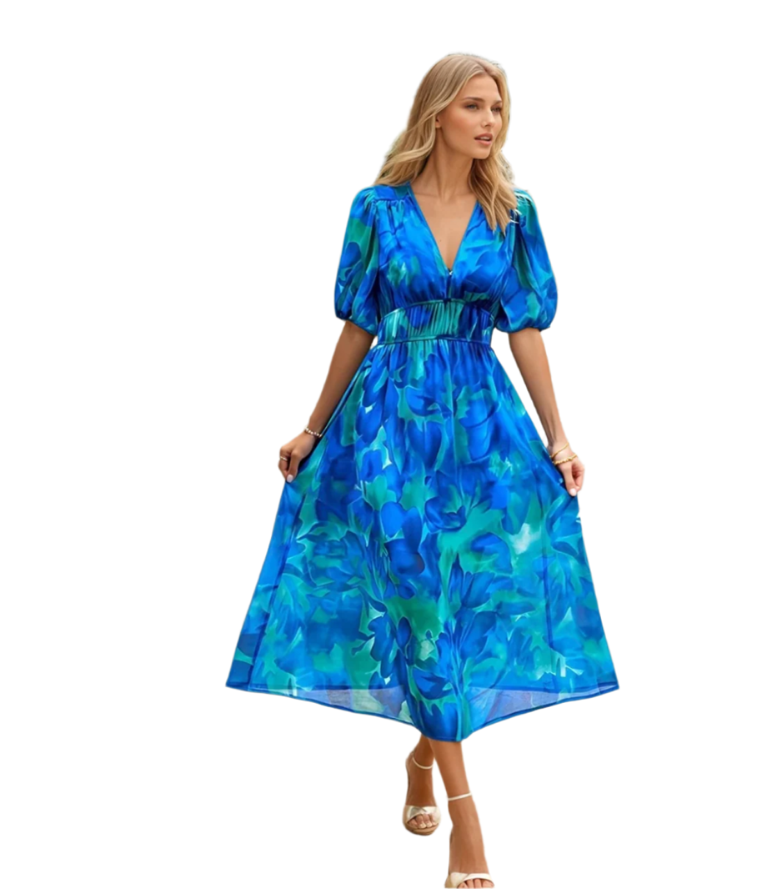 Elegant V-hals midi kvinnekjole for fest eller hverdag. Komfortabel sommerkjole med stilig snitt.