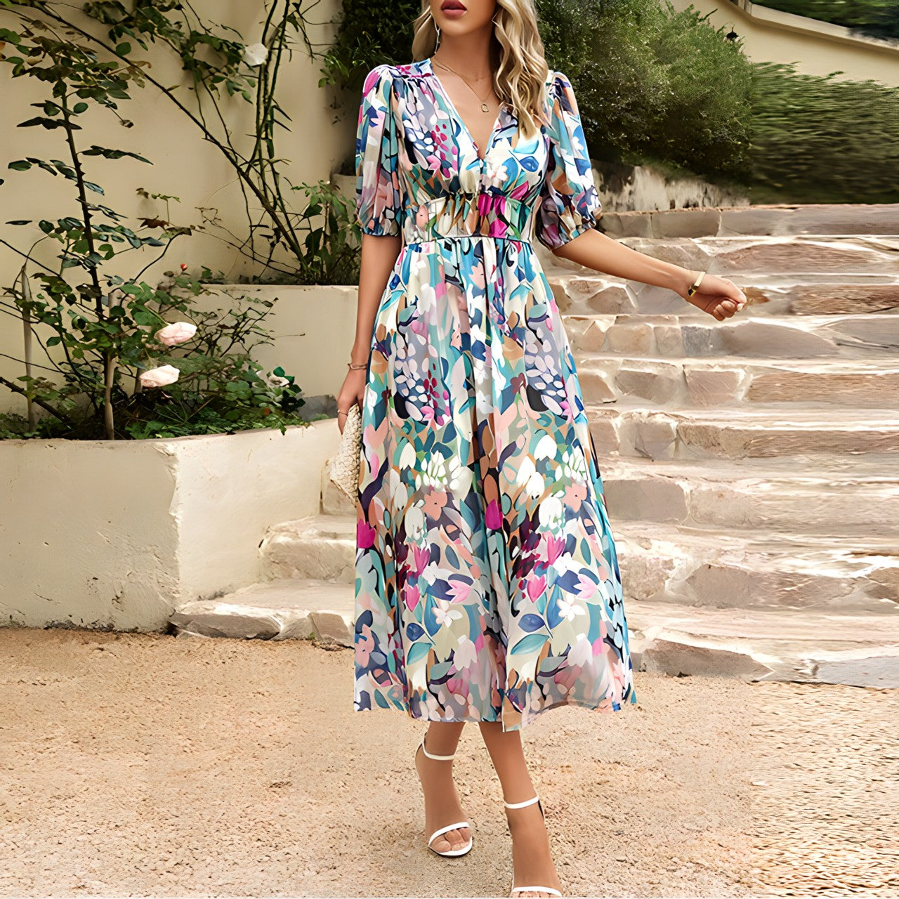 Elegant V-hals midikjole for kvinner med blomstermønster og ballongermer. Komfortabel sommerfestkjole.