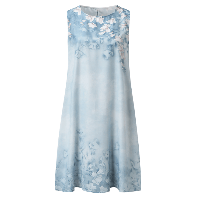 Tidløs elegant blomsterkjole, ermeløs, knelengde, for en feminin look.