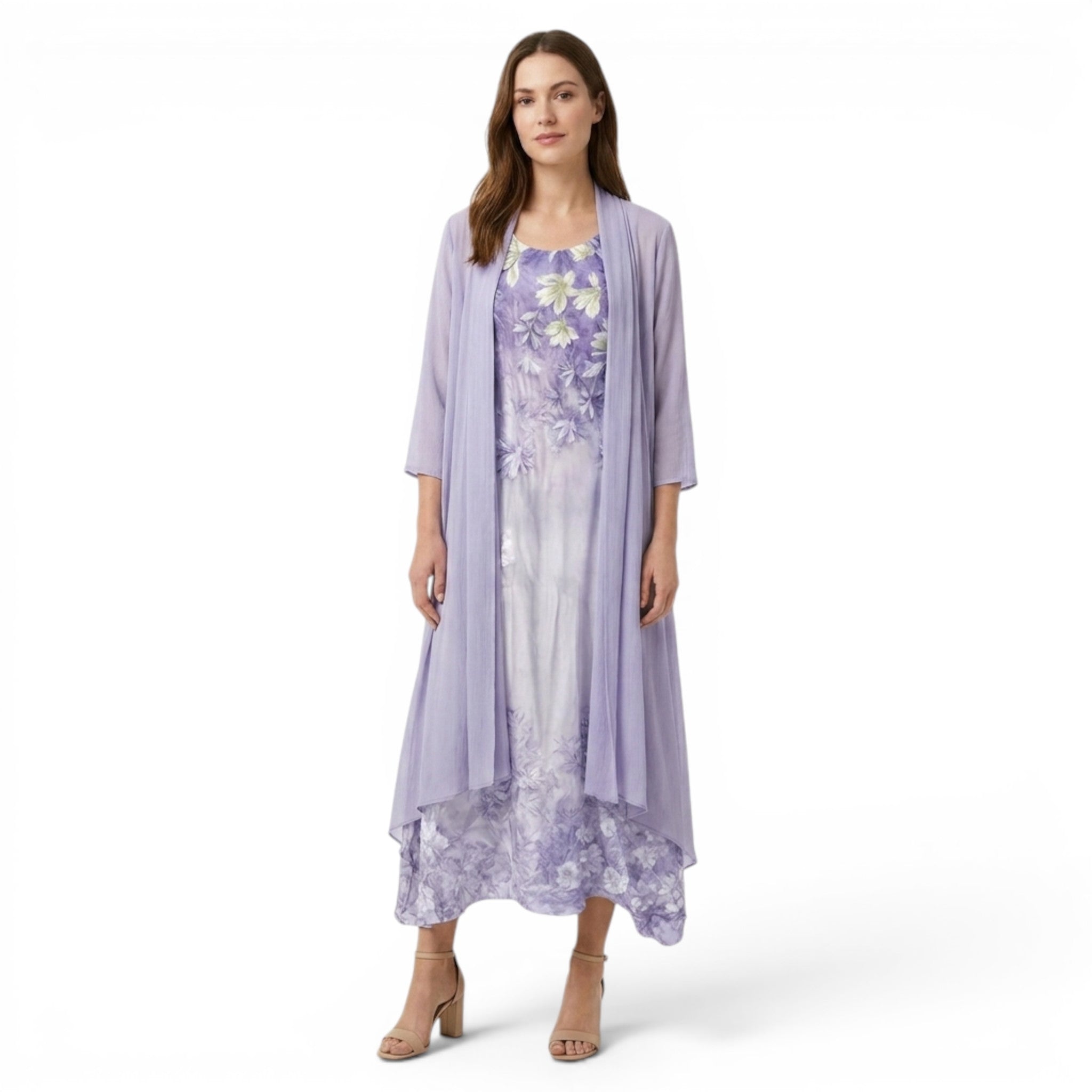 Elegant vårkjole for kvinner med fargerikt blomstermønster, A-linje, knelang og ermeløs.
