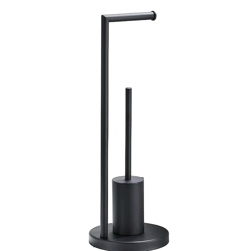Elegant veggmontert toalettrullholder med integrert toalettbørste for et moderne og plassbesparende baderom.