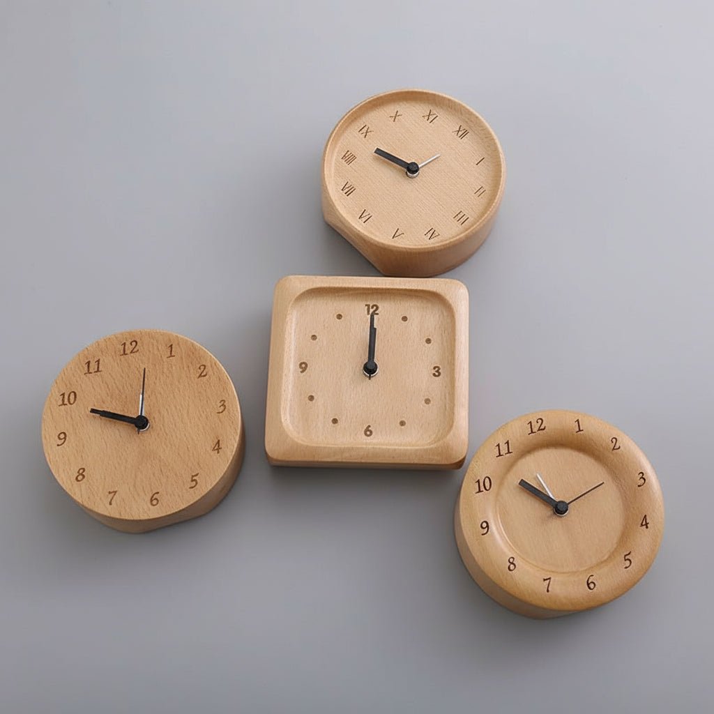 Nydelig analog vekkerklokke i lyst bøketre med tydelig urskive. Stille og elegant for hjemmet.