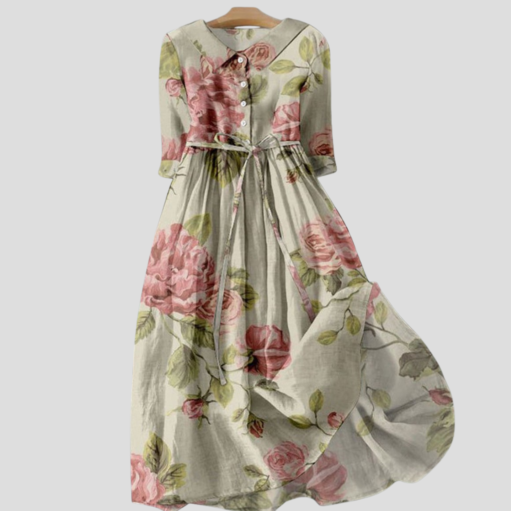 Elegant vintage damekjole med botanisk blomstertrykk og krage. Langermet midi kjole for hverdag og fest.