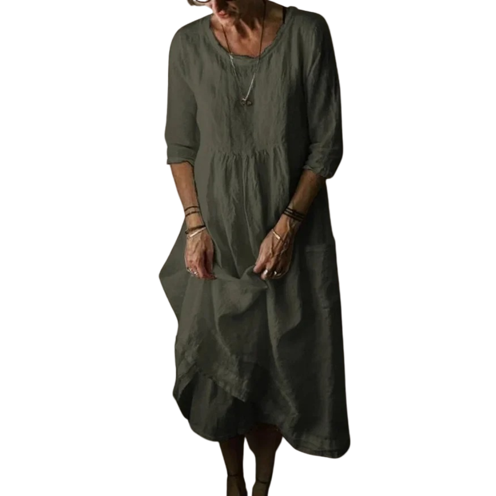 Elegant vintage midikjole for kvinner med albuelange ermer, perfekt for hverdag og komfortabel stil.