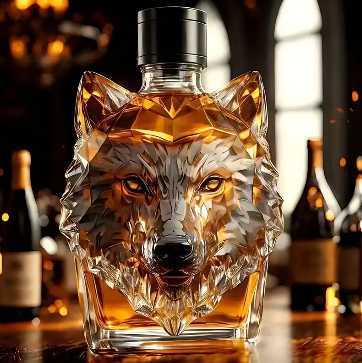 Luksuriøs whiskykaraffel med ulvehode-design i klart krystallglass, ideell for oppbevaring av brun whisky.