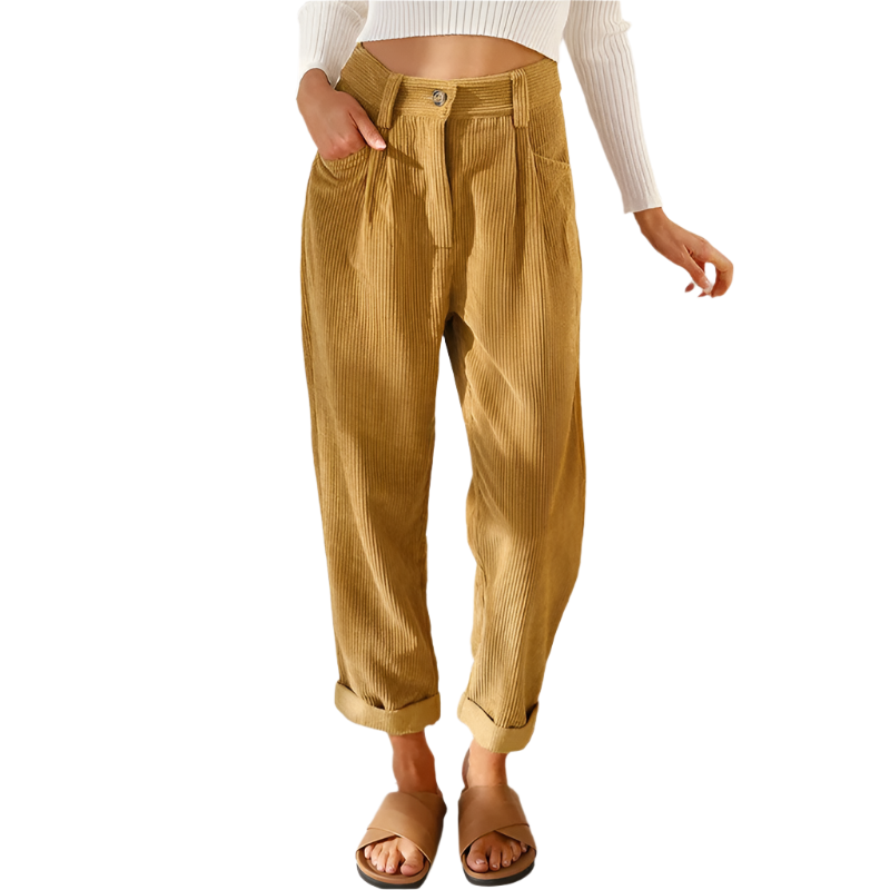 Elegante dame høytlivsbukser i vintage stil, perfekt for jobb og hverdag, med fokus på komfort.