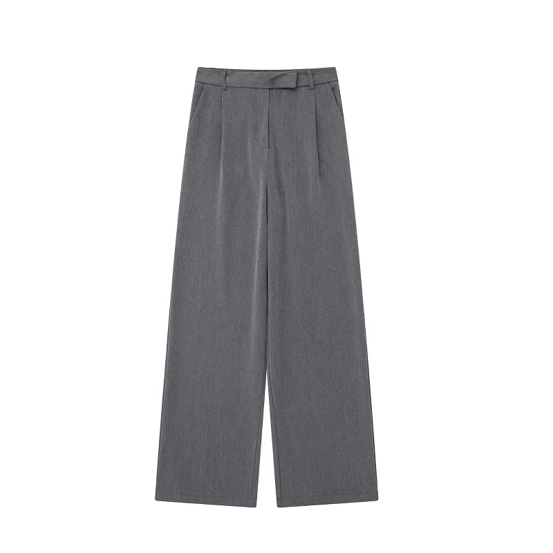 Beige damebukser med trendy vide ben og høy midje, en elegant og komfortabel helårsbukse for kvinner.