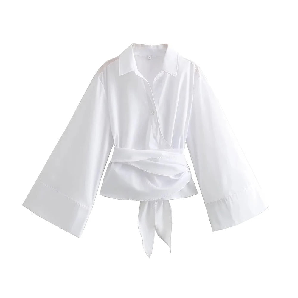 Damen Kimonobluse in Weiß mit modischem Schleifendetail, vielseitig kombinierbar, atmungsaktiv Design