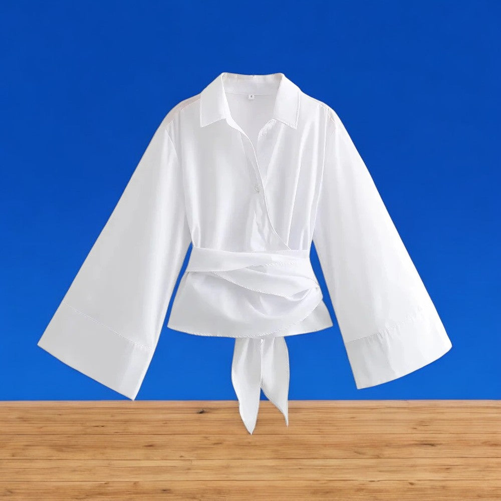 Damenbluse im Kimonostil mit Schleifen, Langarm, perfekt für einen eleganten Alltags- oder Bürolook