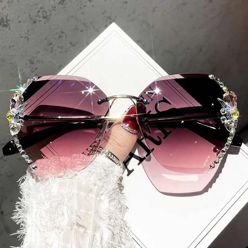 Modische Damen Sonnenbrille gold-randlos mit glitzerndem Strass Steine, UV400