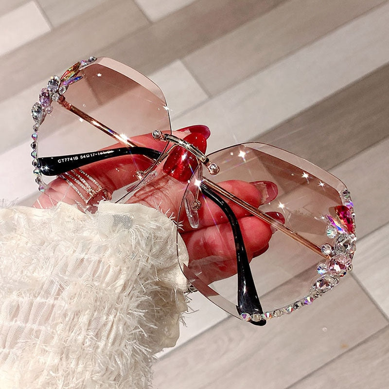 Exklusive Damen Strass-Sonnenbrille, randlos, Goldrahmen, Vintage-Stil, UV400 Schutz