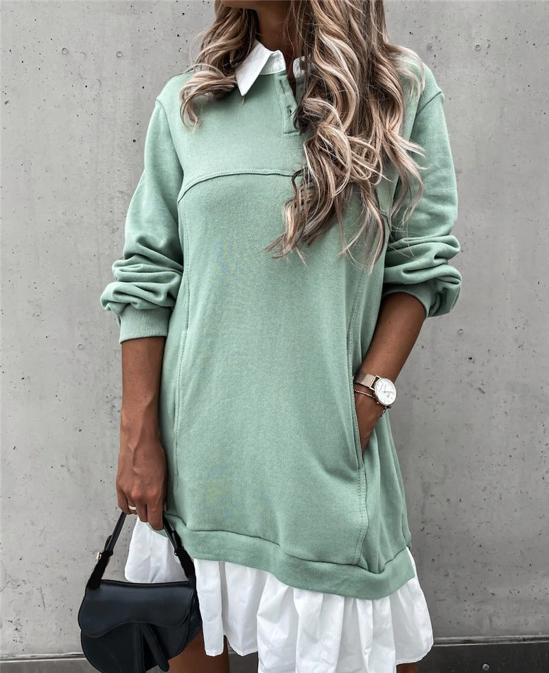 Einfarbiges Damen Langarm-Kragenkleid aus Polyester, knielang, perfekt kombinierbar und modern.