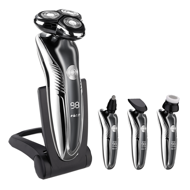 Mann holder ergonomisk elektrisk barbermaskin for komfortabel våt og tørr barbering, ideell for daglig hygiene.