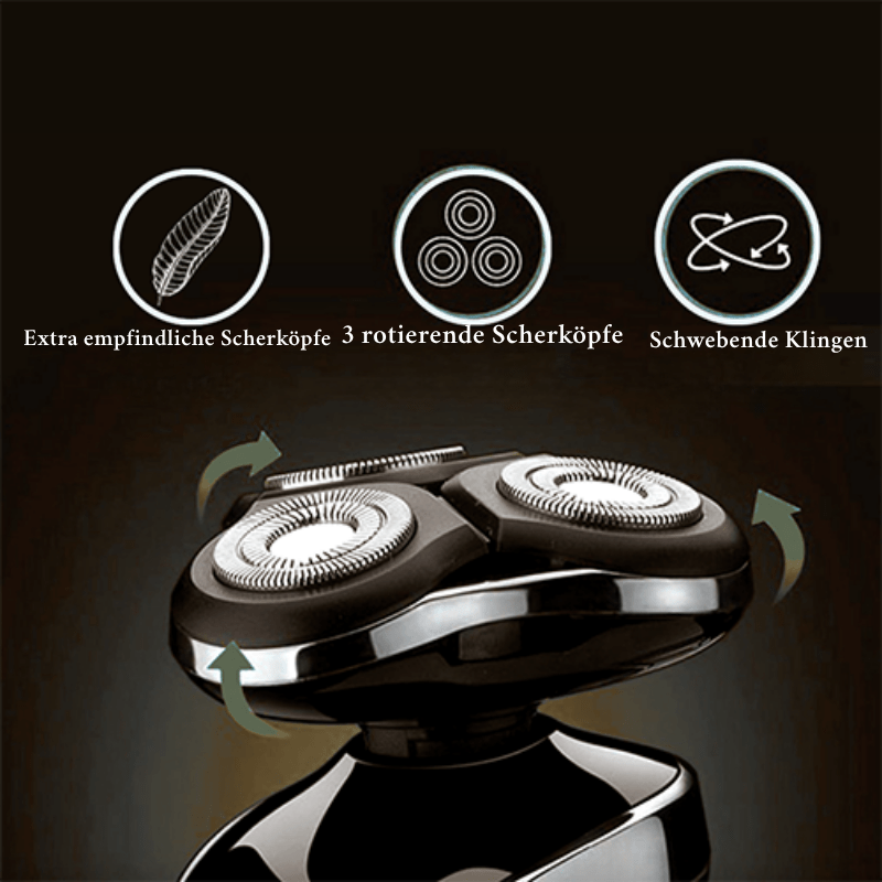 Oppladbar elektrisk barbermaskin i lader, klar for våt eller tørr barbering. Vanntett design for enkel rengjøring.