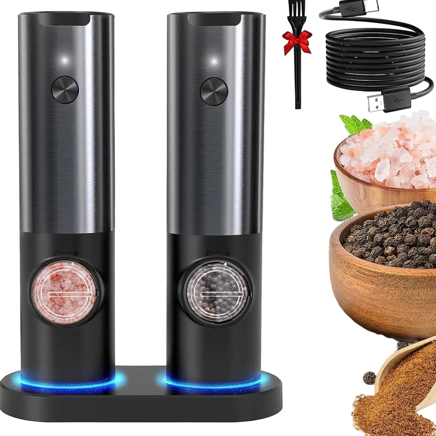 Elektrisk salt- og pepperkvernsett i rustfritt stål med LED-lys for enkel enhåndsbetjening på kjøkkenet.