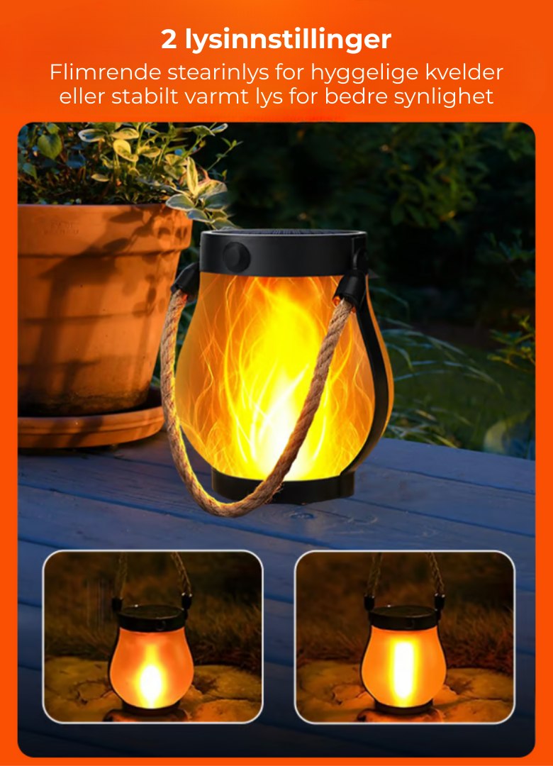 EmberGlow solcellelanterne. Værbestandig utelampe med realistisk flammeeffekt for hage, terrasse og balkong.