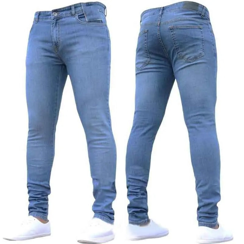 Detaljvisning av glidelås og knapplukking på mørkeblå skinny jeans for menn
