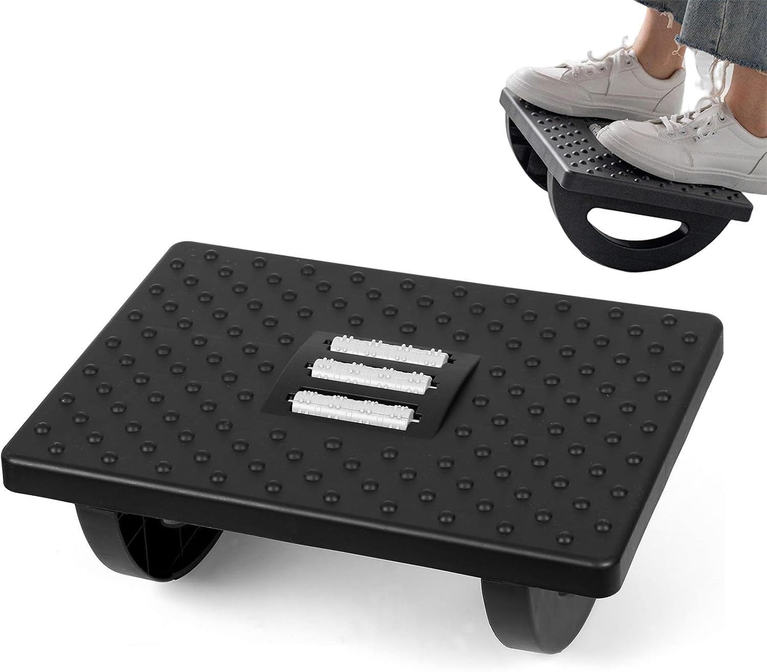 Ergonomisk fotstøtte med massasje for kontor og hjem. Fremmer sirkulasjon og benavlastning.