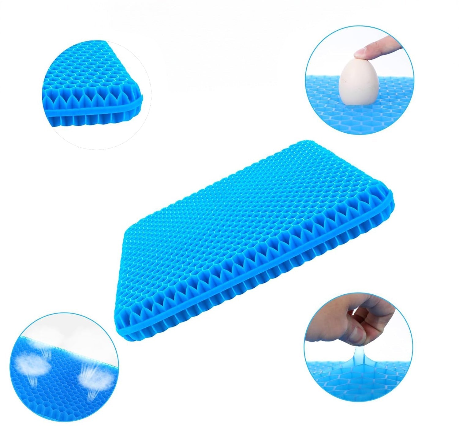 Ergonomisk gel setepute med honeycomb-struktur for trykkavlastning og komfort i kontorstol eller bilsete.