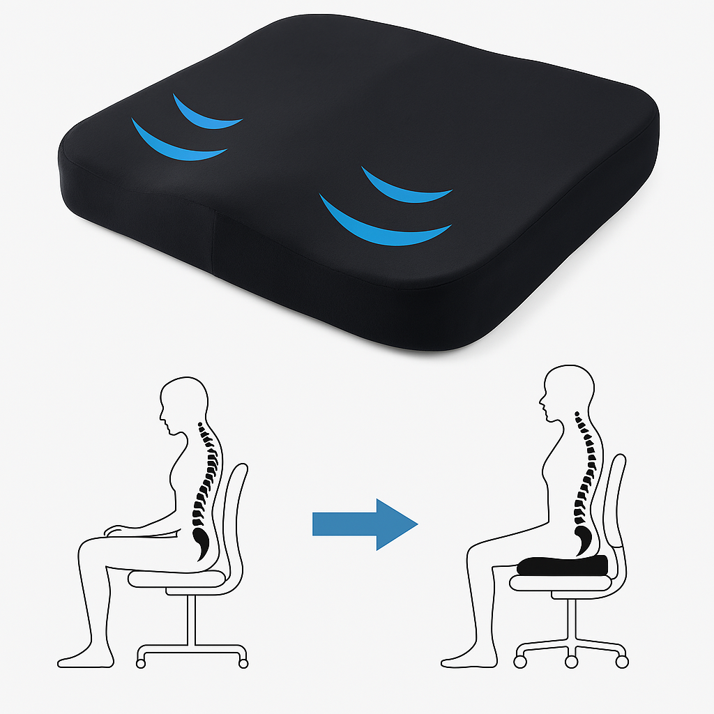Universell ergonomisk setepute med minneskum for kontor, bil og rullestol; gir god komfort.