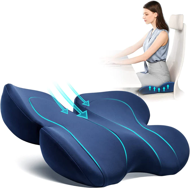 Pustende sittepute med ergonomisk støtte. Perfekt for lange timer på kontoret, hjemme eller på reise i bil.