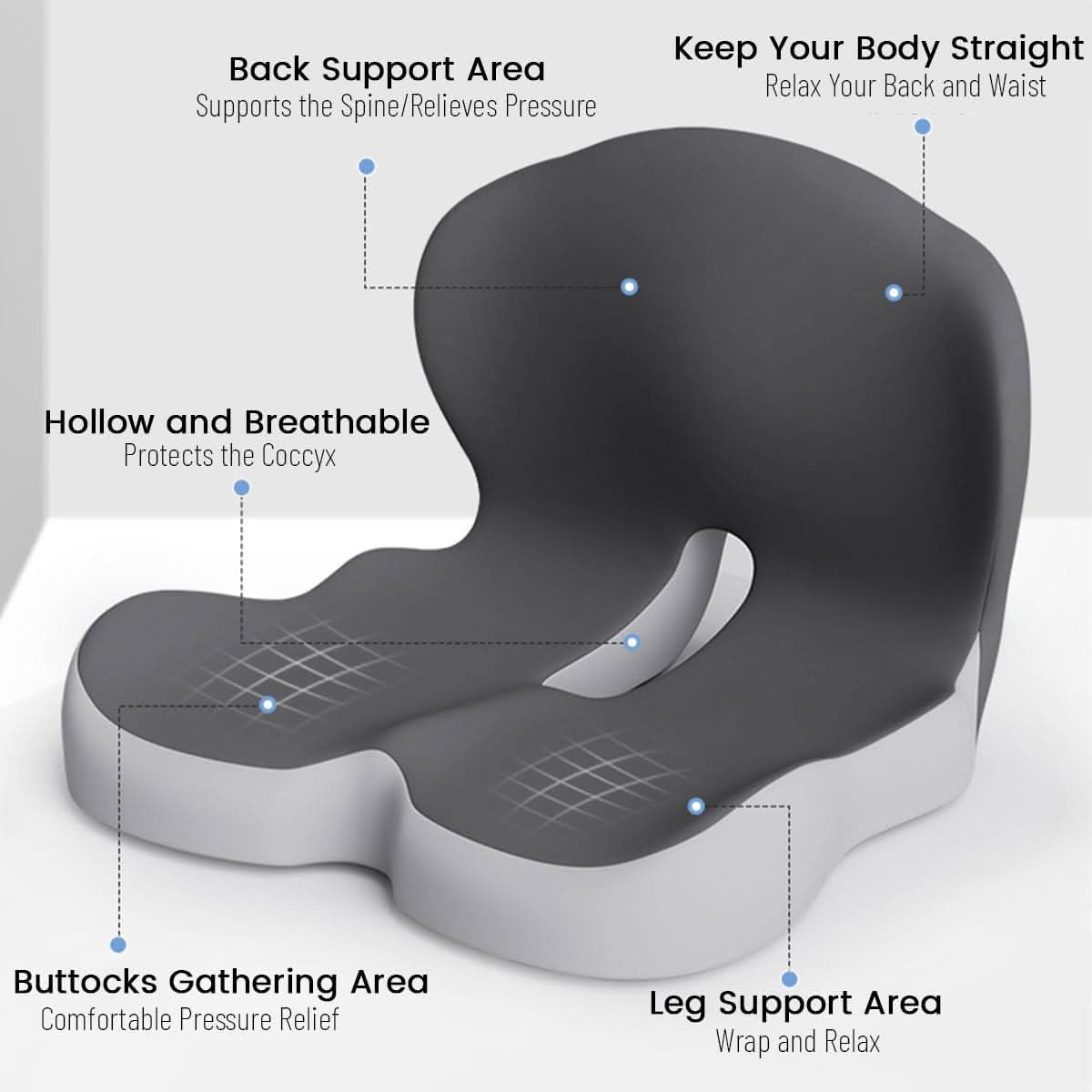 Detaljbilde av ergonomisk sittepute med konturdesign for best mulig komfort.