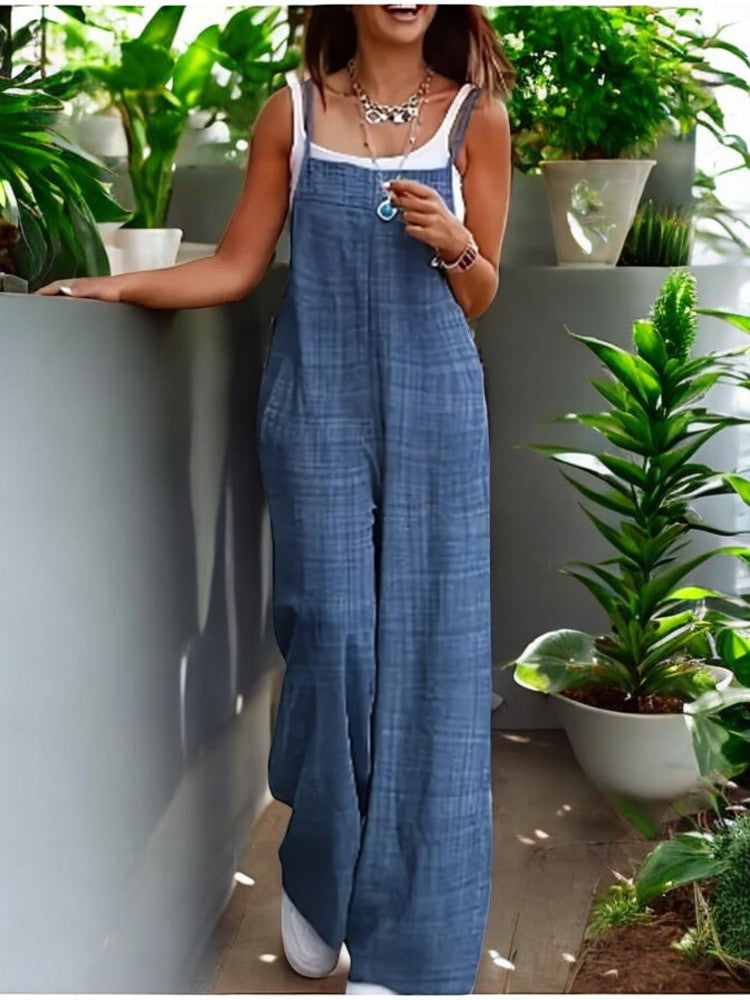 Ensfarget casual jumpsuit for kvinner, ermeløs og med komfortabel løs passform for hverdagsbruk.