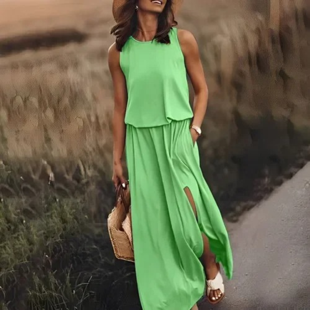O-hals maxikjole: Ermeløs splittkjole for dame, perfekt for en avslappet og elegant look.
