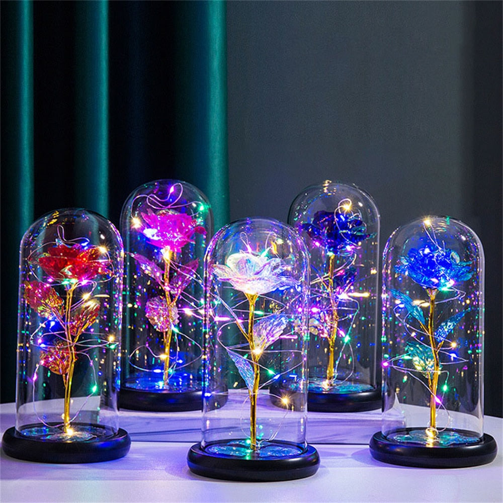 Romantisk gave: Evig rose i glasskuppel med LED-lys, passer til bryllup og julegave.