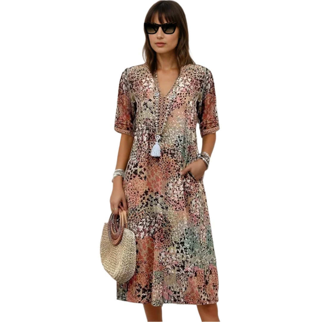 Fargerik boho midikjole for kvinner, løs og elegant sommerstil med V-hals, perfekt for strand eller fest.