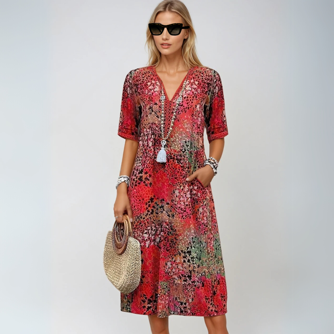 Komfortabel boho midikjole for kvinner, fargerik sommerkjole med V-hals, ideell for fest og hverdagsbruk.