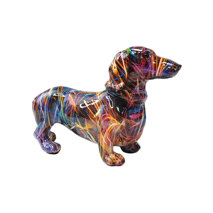 Fargerik dachshund figur for moderne hjemmedekorasjon, perfekt for stue eller kontor. Unik interiørdetalj.
